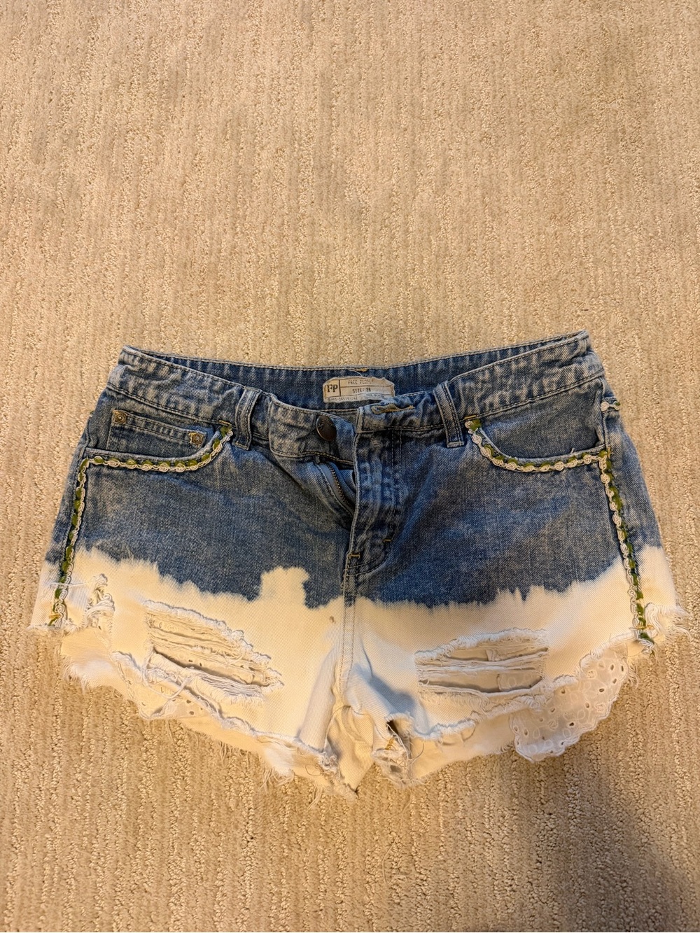 Vintage Free People Undyed Blue & White Dip-Dye Distressed Denim Shorts